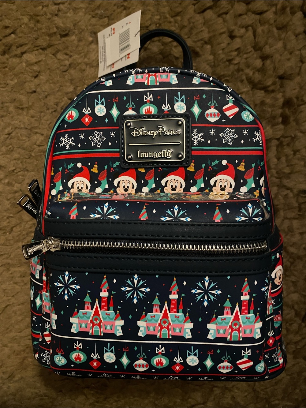 Loungefly Navy Holiday Mickey Mini Backpack with Red & Teal Details